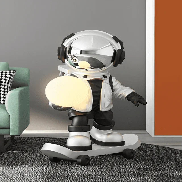 FtA Skating Astronaut Sculpture with Moon Lamp in Hand, Resin Material, Available in Multiple Colors