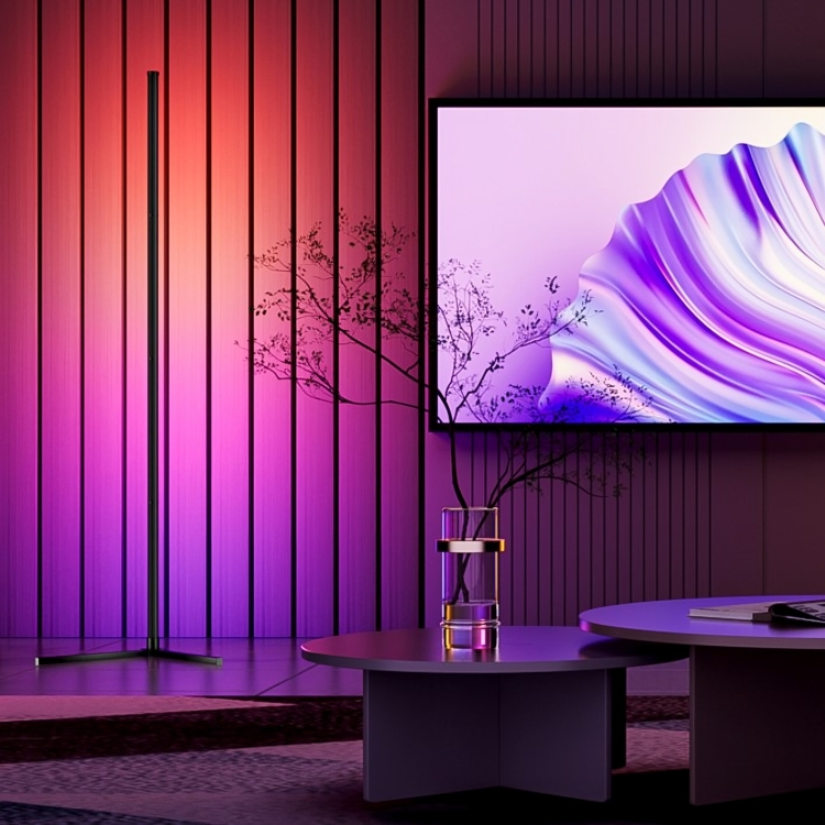 The PLTNRTZ® Lumière Standing Lamp with RGB functionality, offering 16 million color options for a fully customizable lighting experience.