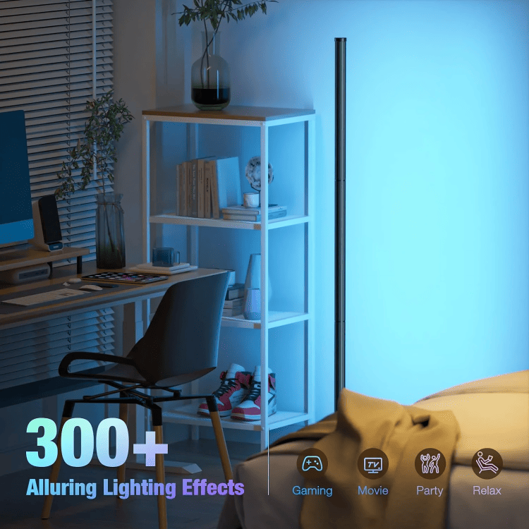 Showcasing the PLTNRTZ® Lumière Standing Lamp with over 300 light modes, offering customizable ambiance for any room.