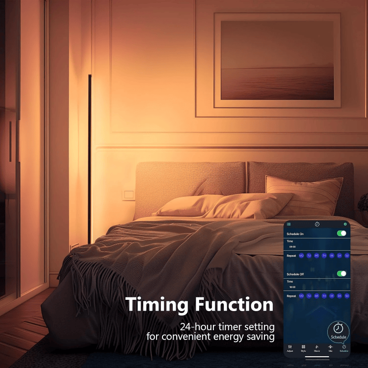 Highlighting the PLTNRTZ® Lumière Standing Lamp's timing function, allowing users to set automatic on/off schedules for convenience.