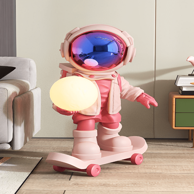 FtA Skating Astronaut Sculpture with Moon Lamp in Hand, Resin Material, Available in Multiple Colors