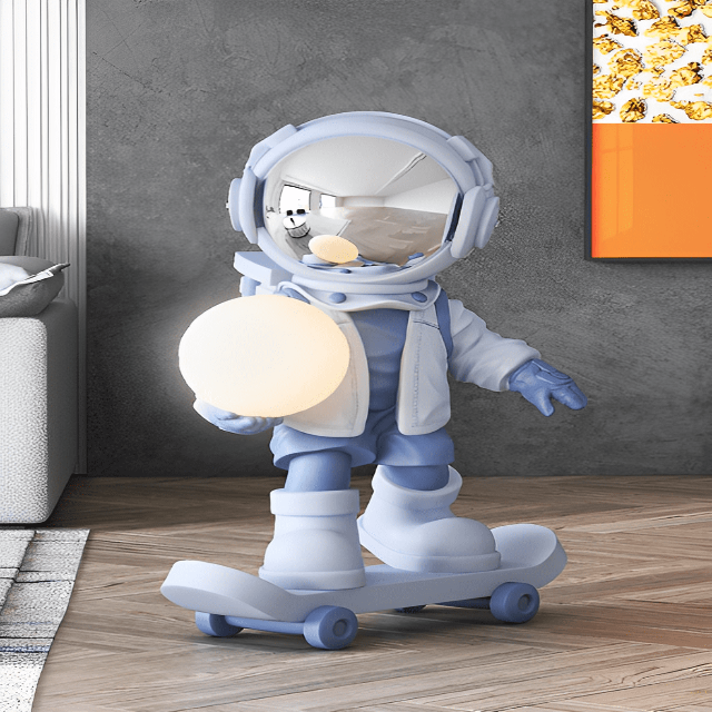 FtA Skating Astronaut Sculpture with Moon Lamp in Hand, Resin Material, Available in Multiple Colors