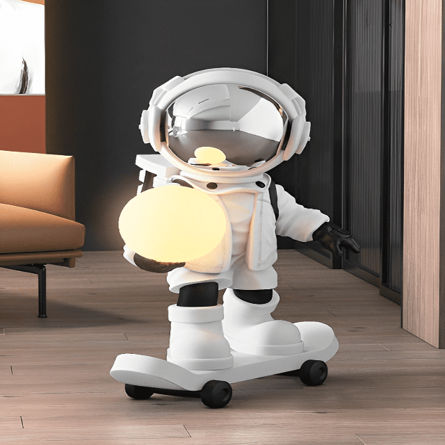 FtA Skating Astronaut Sculpture with Moon Lamp in Hand, Resin Material, Available in Multiple Colors